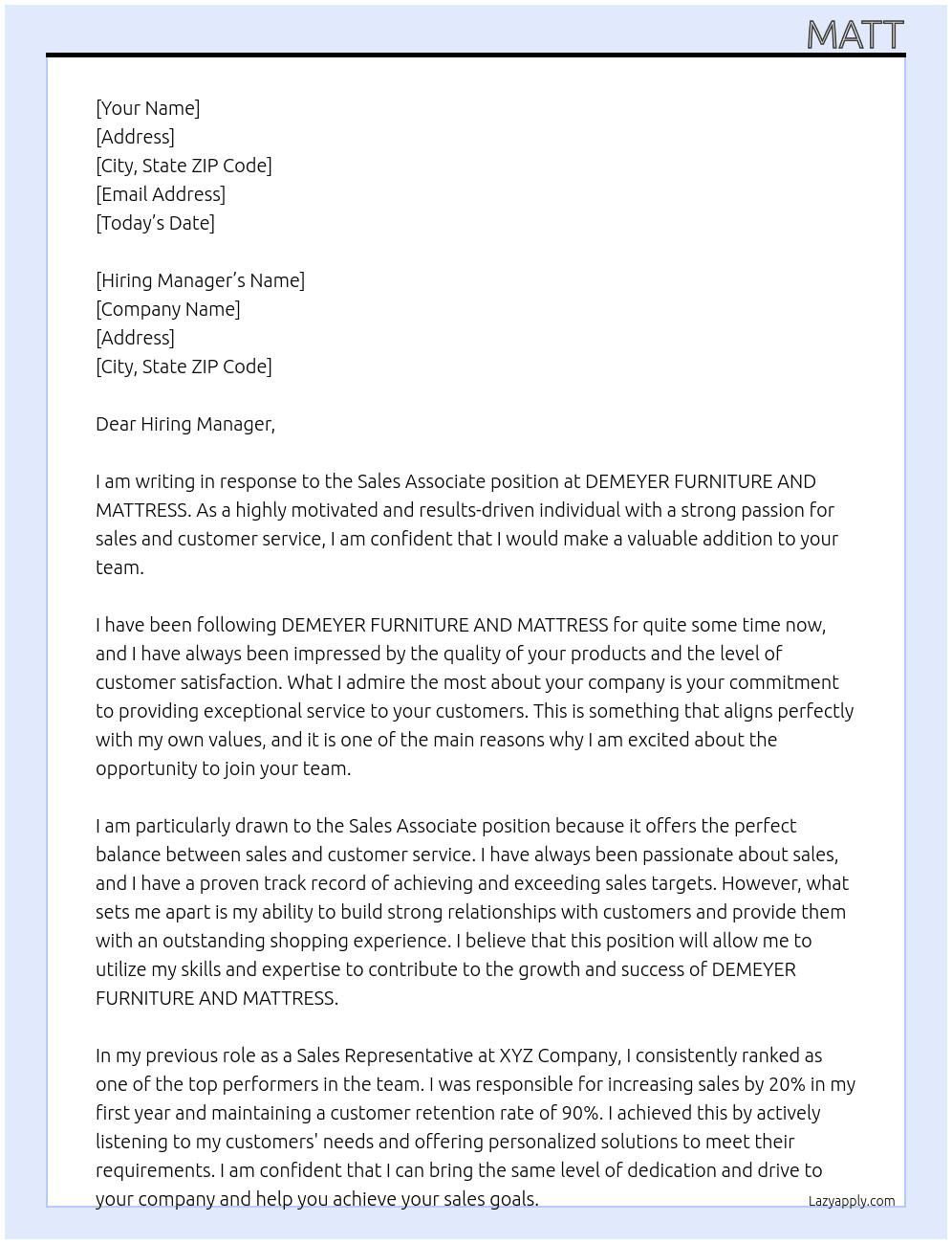 Sales Associate At DEMEYER FURNITURE AND MATTRESS Cover Letter
