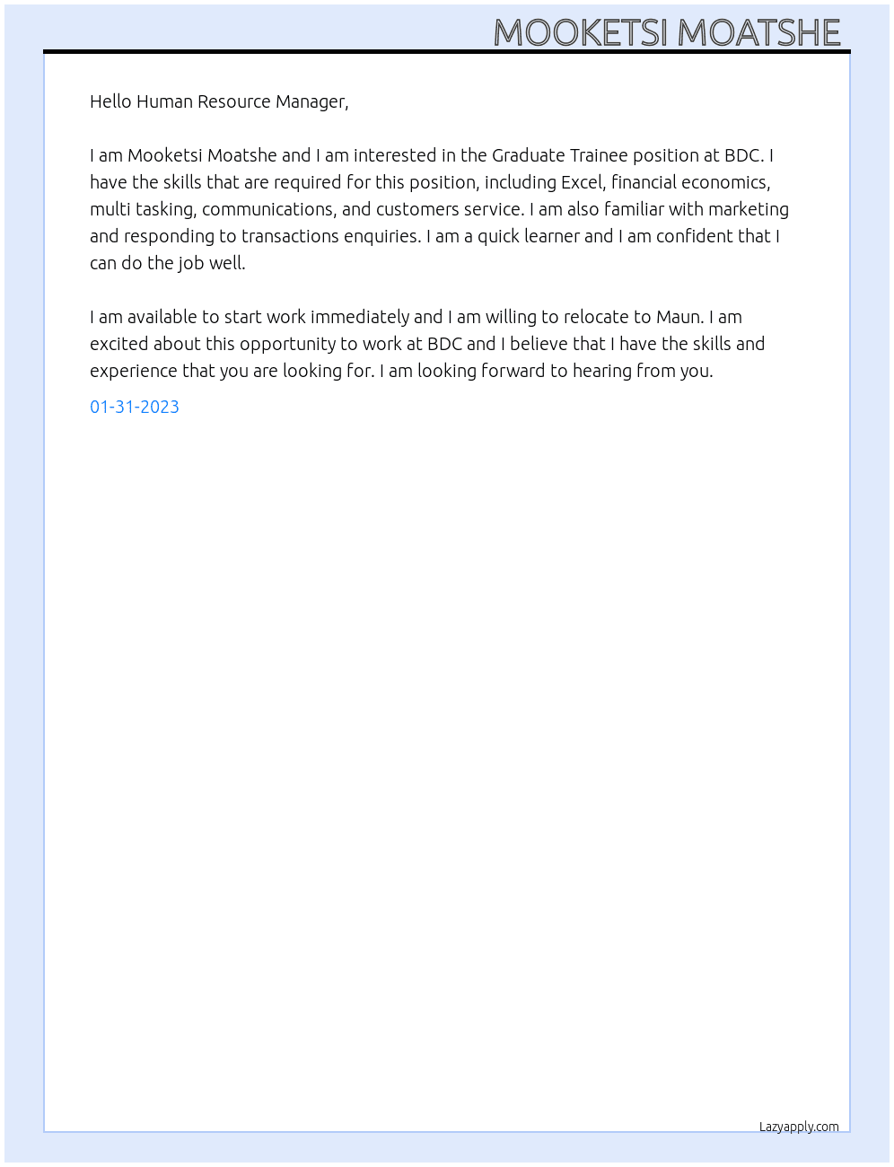 Graduate Trainee At BDC Cover Letter