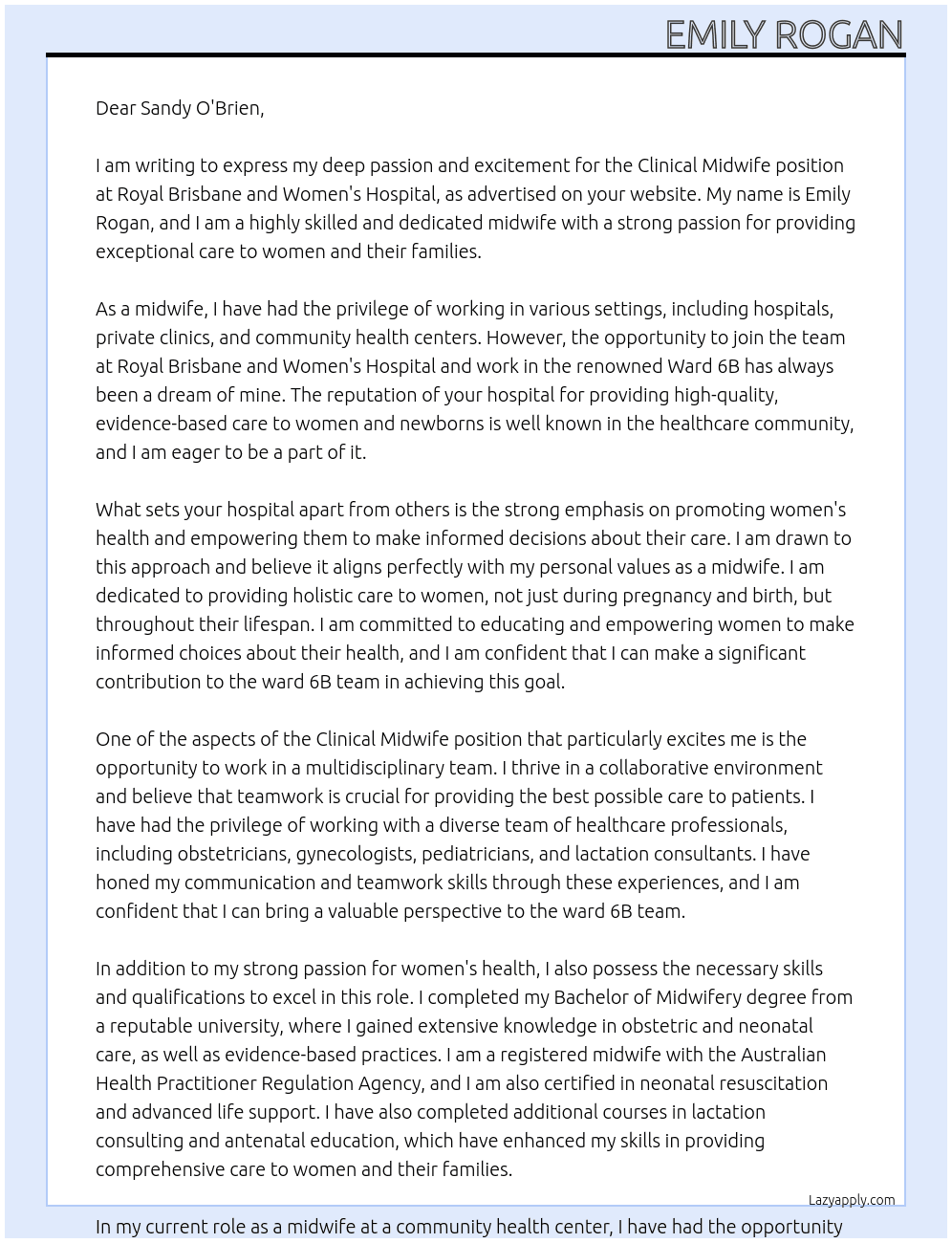 Clinical Midwife Ward 6B At Royal Brisbane and Women's Hospital Cover Letter