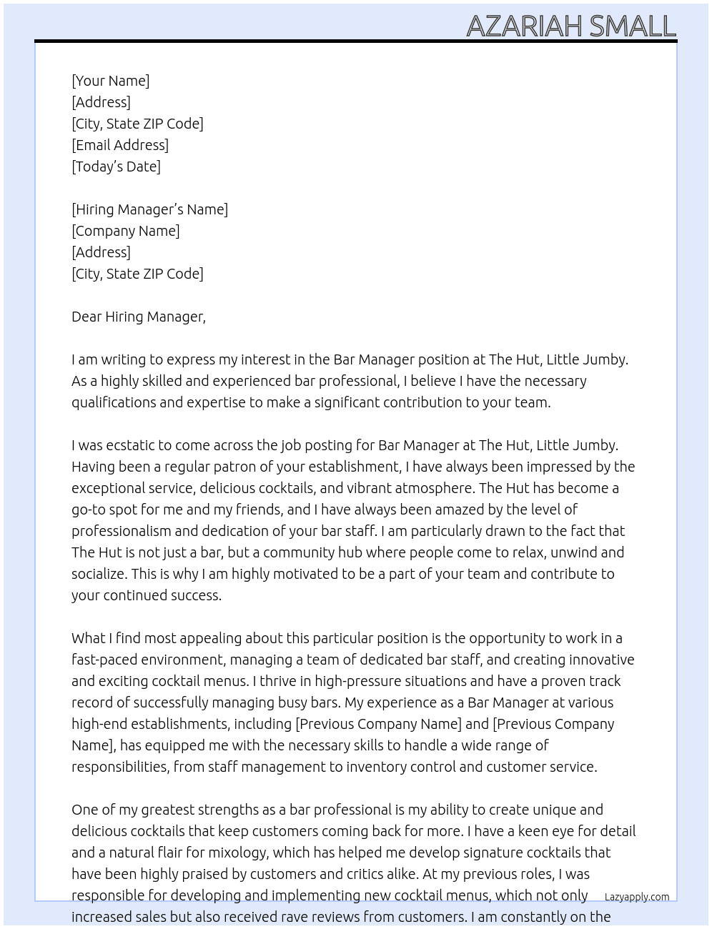 Bar Manager At The Hut, Little Jumby Cover Letter