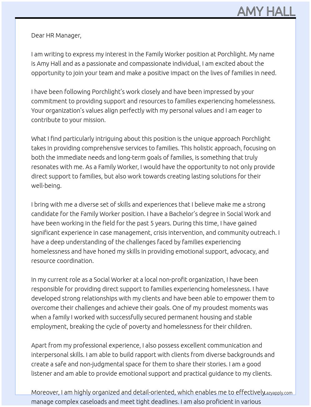 Family Worker At Porchlight Cover Letter