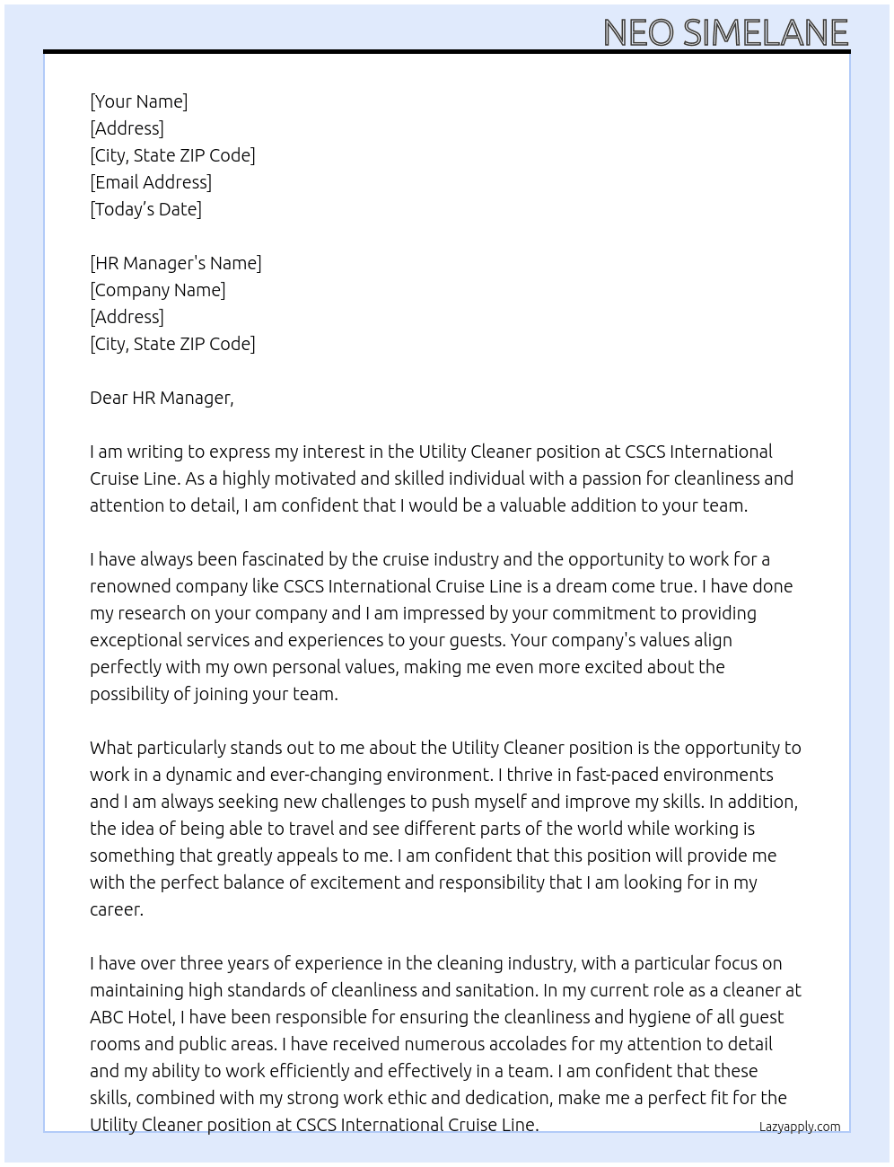 Utility Cleaner At CSCS International Cruise Line Cover Letter