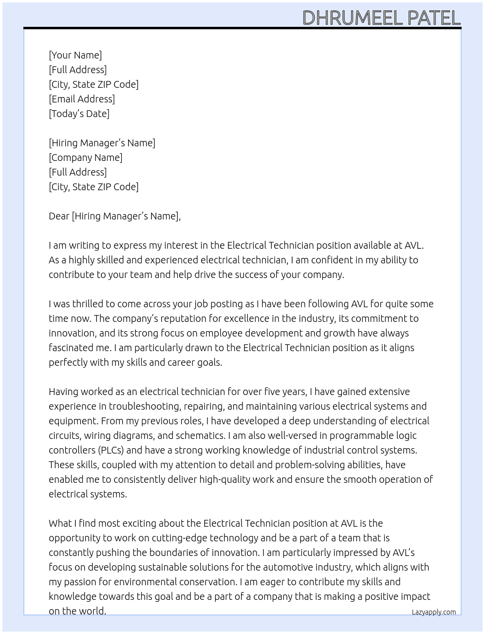 electrical technician At AVL  Cover Letter