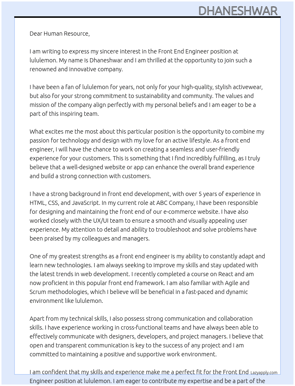 front end engineer At lululemon Cover Letter