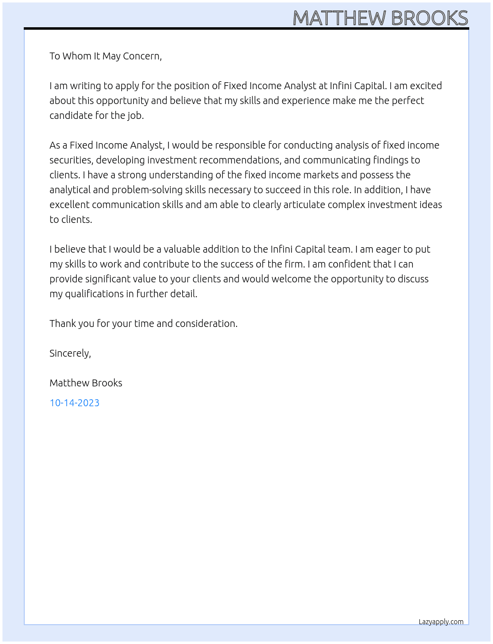 Fixed Income Analyst At Infini Capital Cover Letter