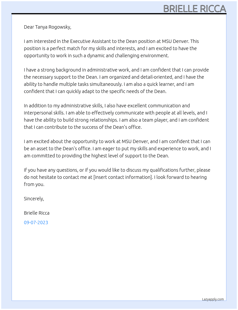 Executive Assistant to the Dean At MSU Denver Cover Letter