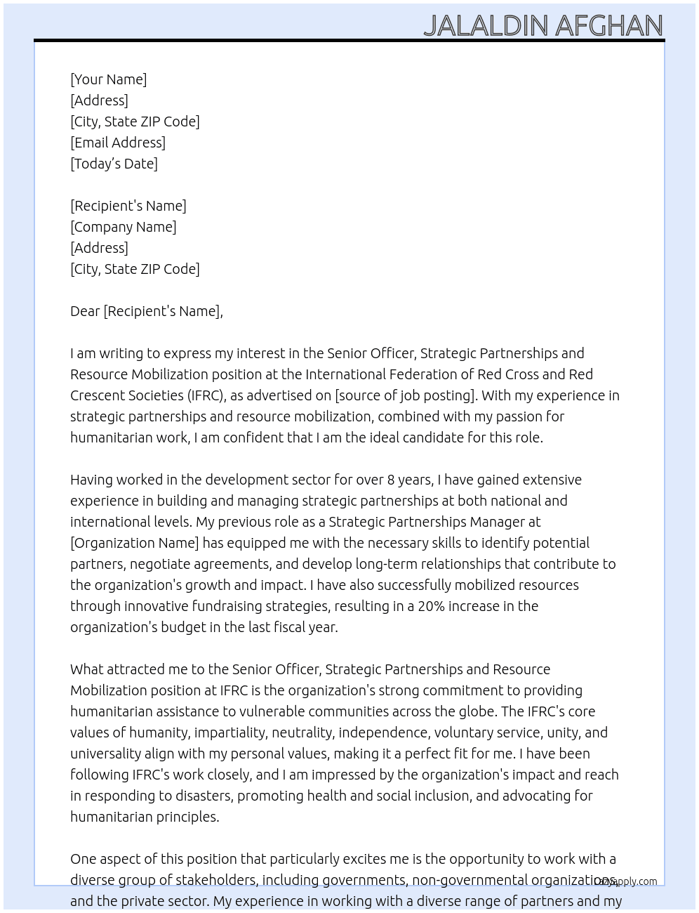 Senior Officer, Strategic Partnerships and Resource Mobilization At IFRC Cover Letter