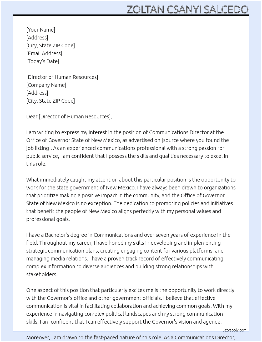 Communications Director At Office of Governor State of New Mexico Cover Letter