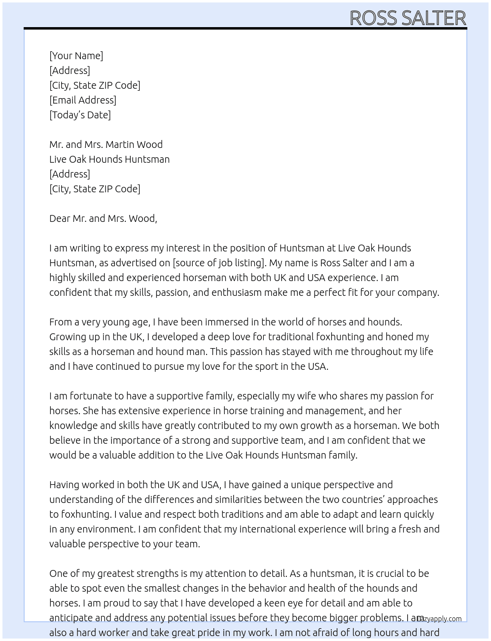 Huntsman  At Live Oak Hounds Huntsman  Cover Letter