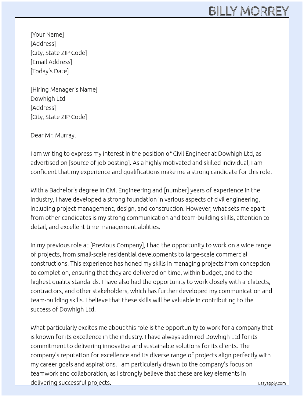 Civil engineer At Dowhigh Ltd Cover Letter