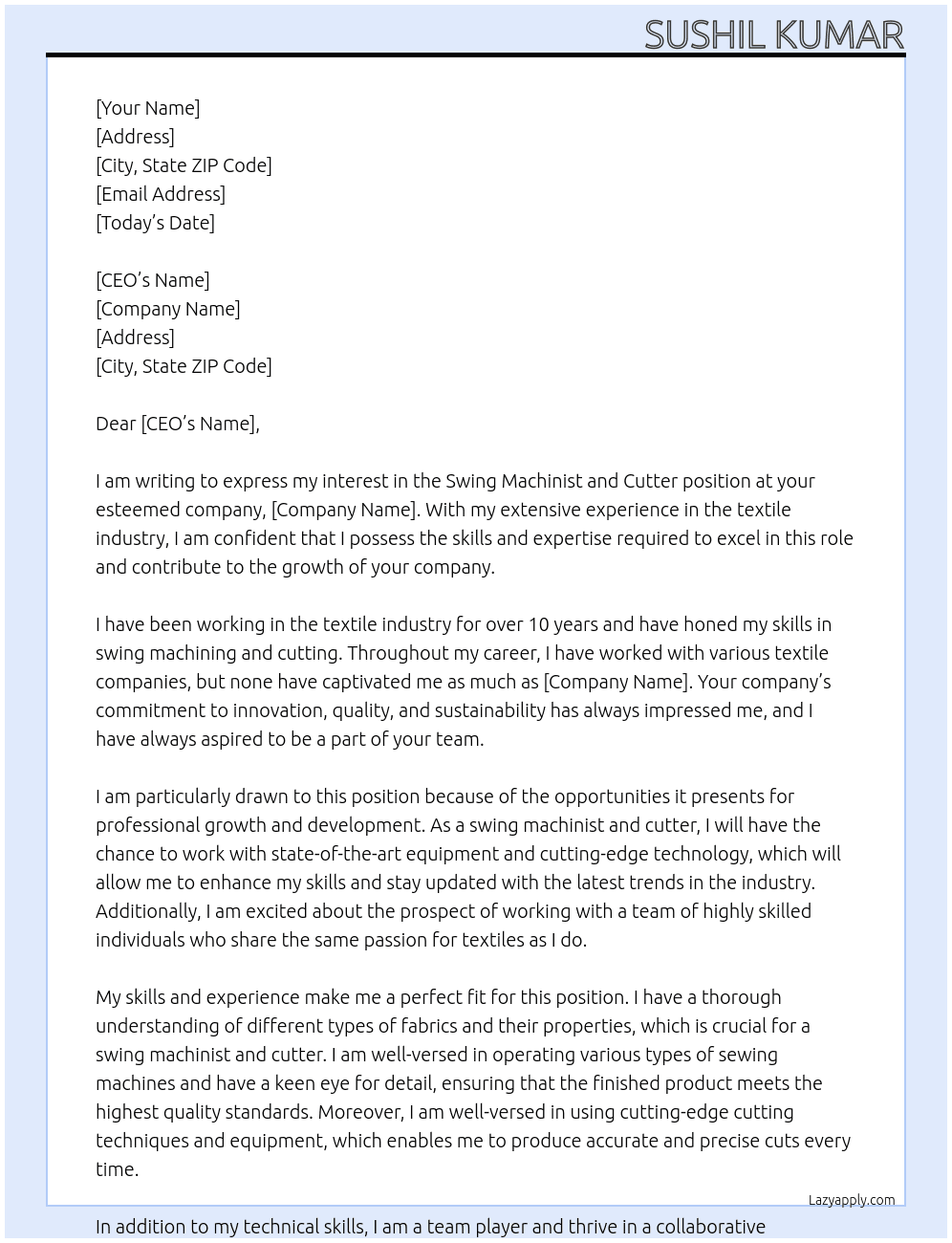 Swing machinist andCutter  At Textile industry Cover Letter
