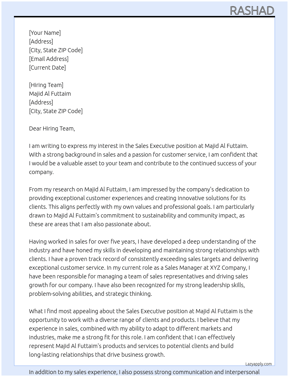 Sales Executive  At Majid Al Futtaim  Cover Letter