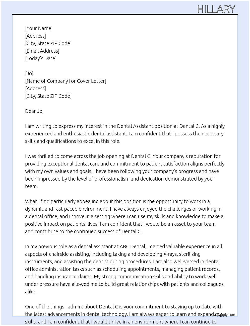 Dental assistant At Dental C. Cover Letter