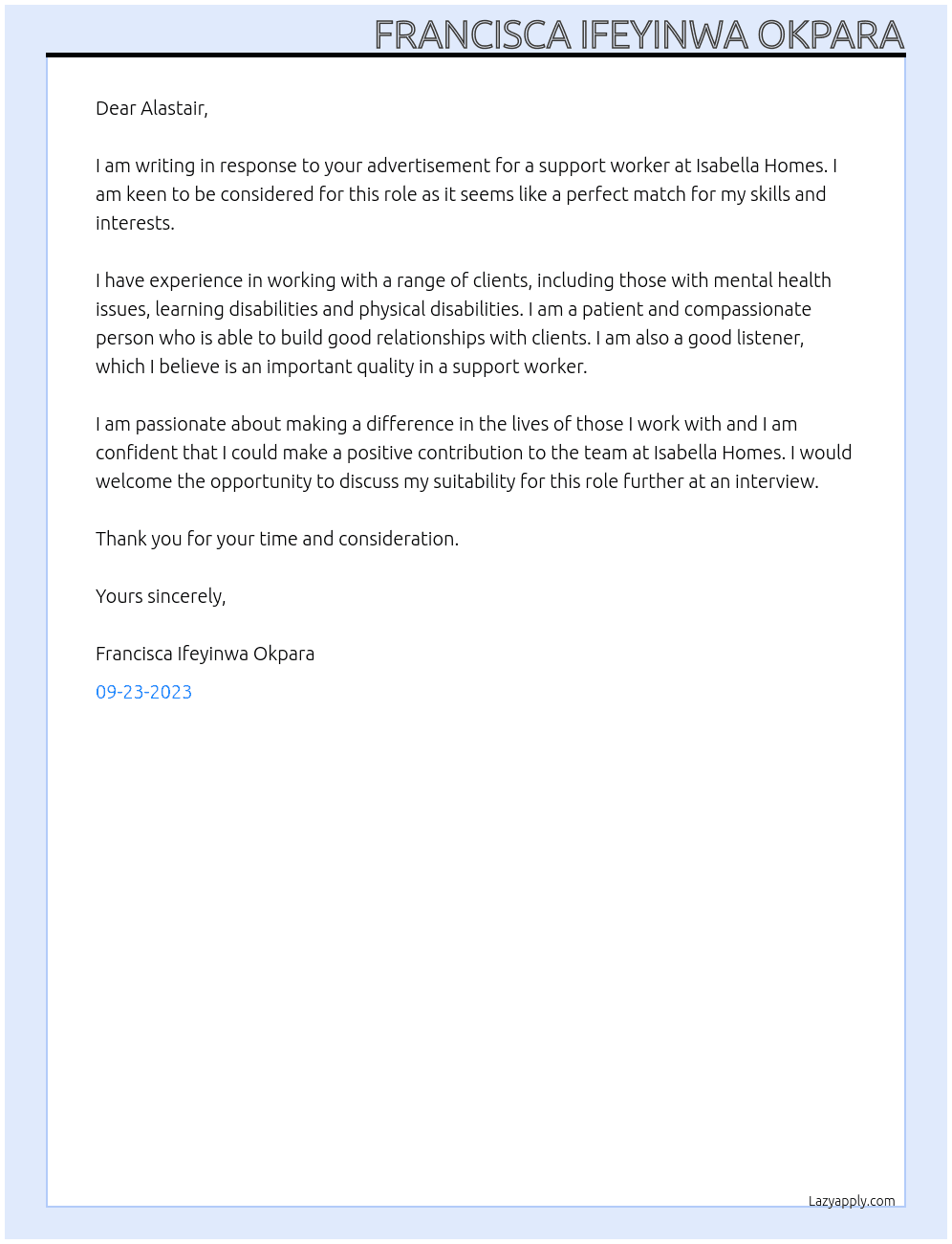 support worker At Isabella Homes Cover Letter