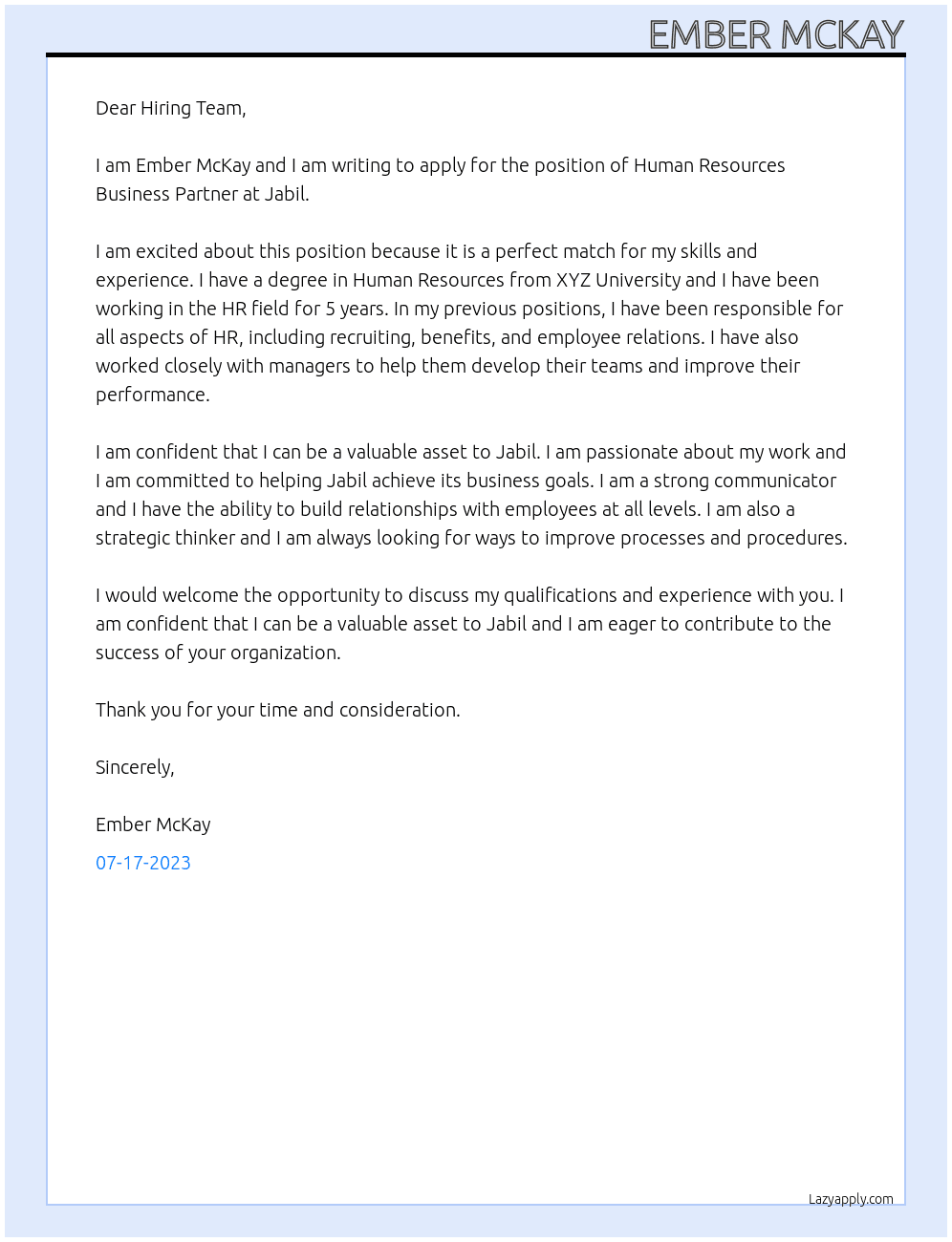 Human Resources Business Partner At Jabil Cover Letter