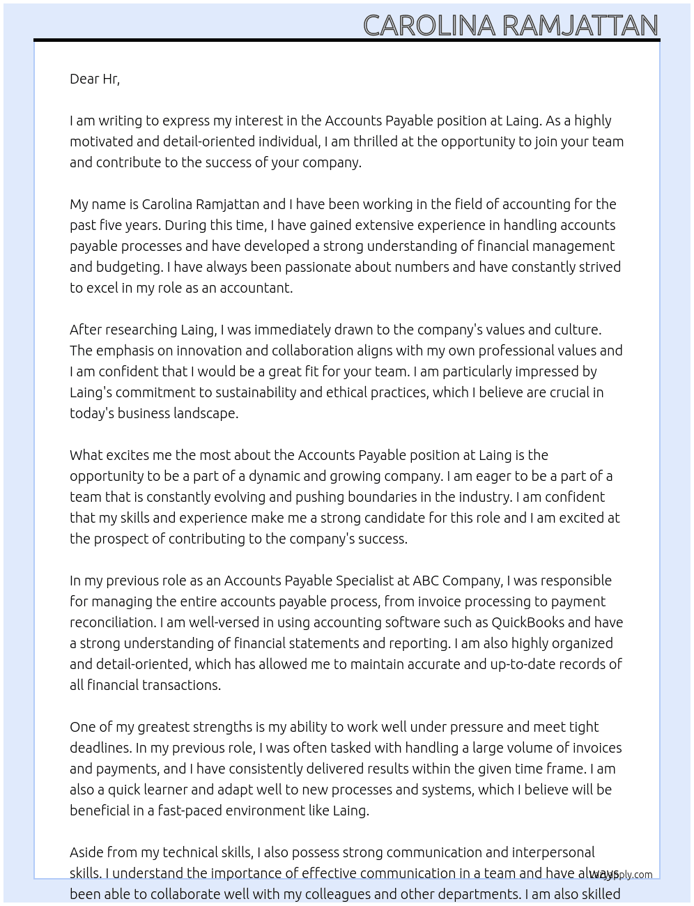 Accounts payable  At Laing Cover Letter