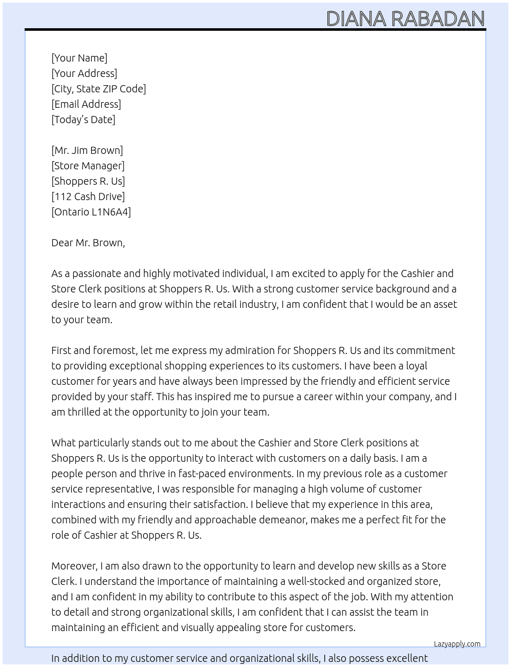 Cashier, Store Clerk At Shoppers R. Us Cover Letter
