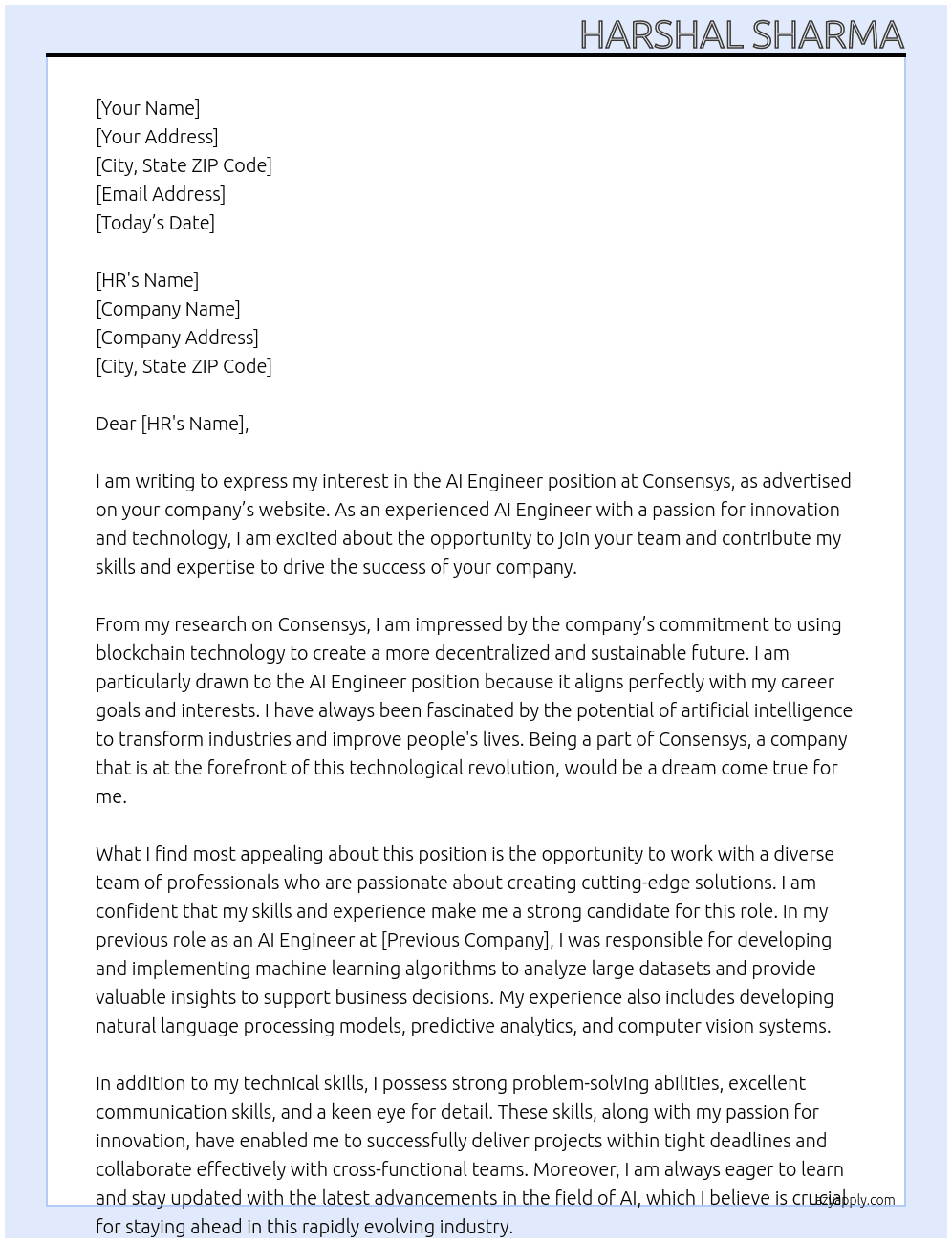 AI Engineer At Consensys Cover Letter