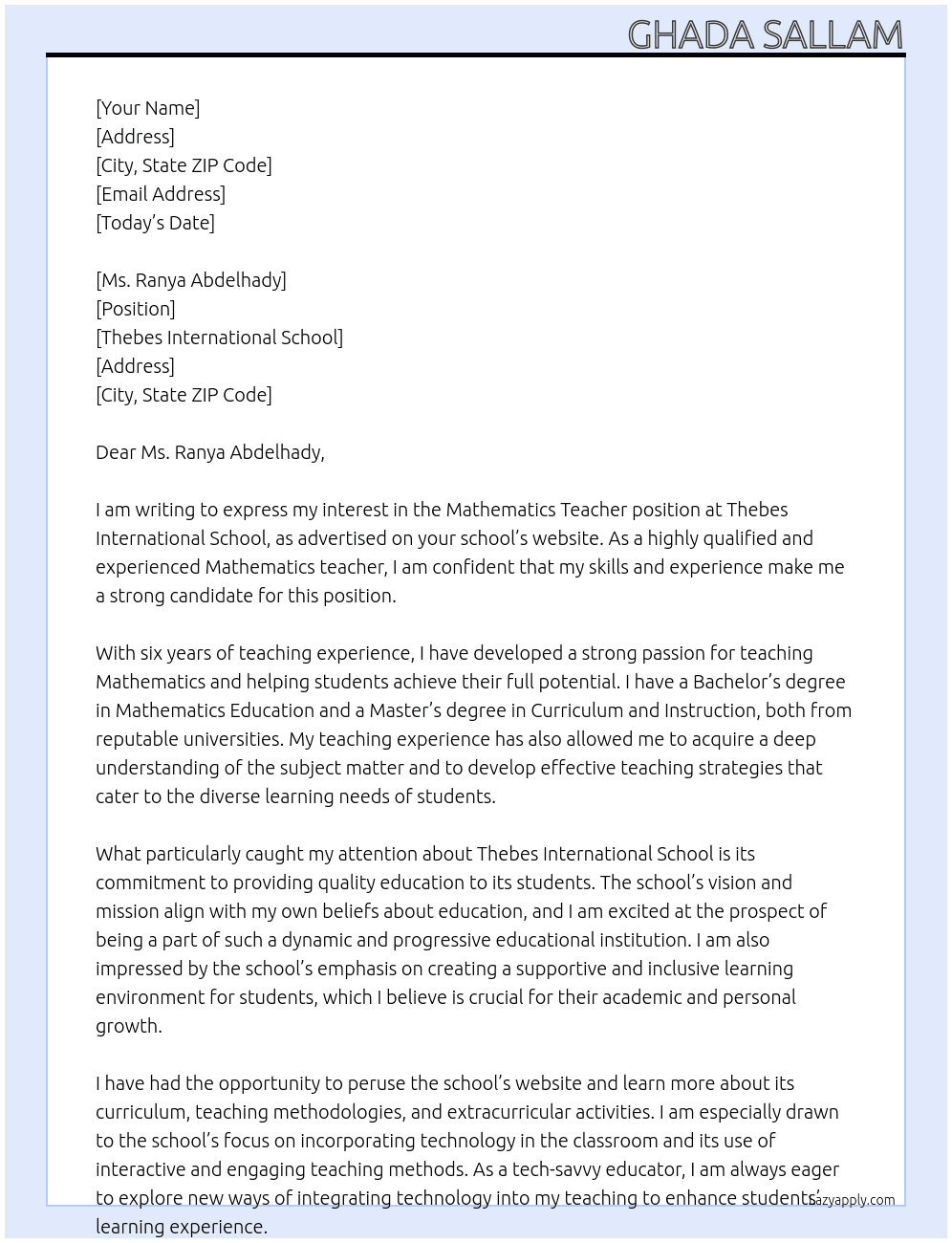 Mathematics Teacher At Thebes International School Cover Letter