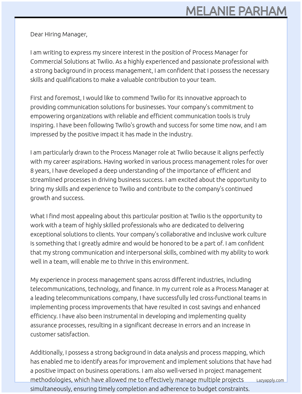 Process Manager, Commercial Solutions At Twilio Cover Letter