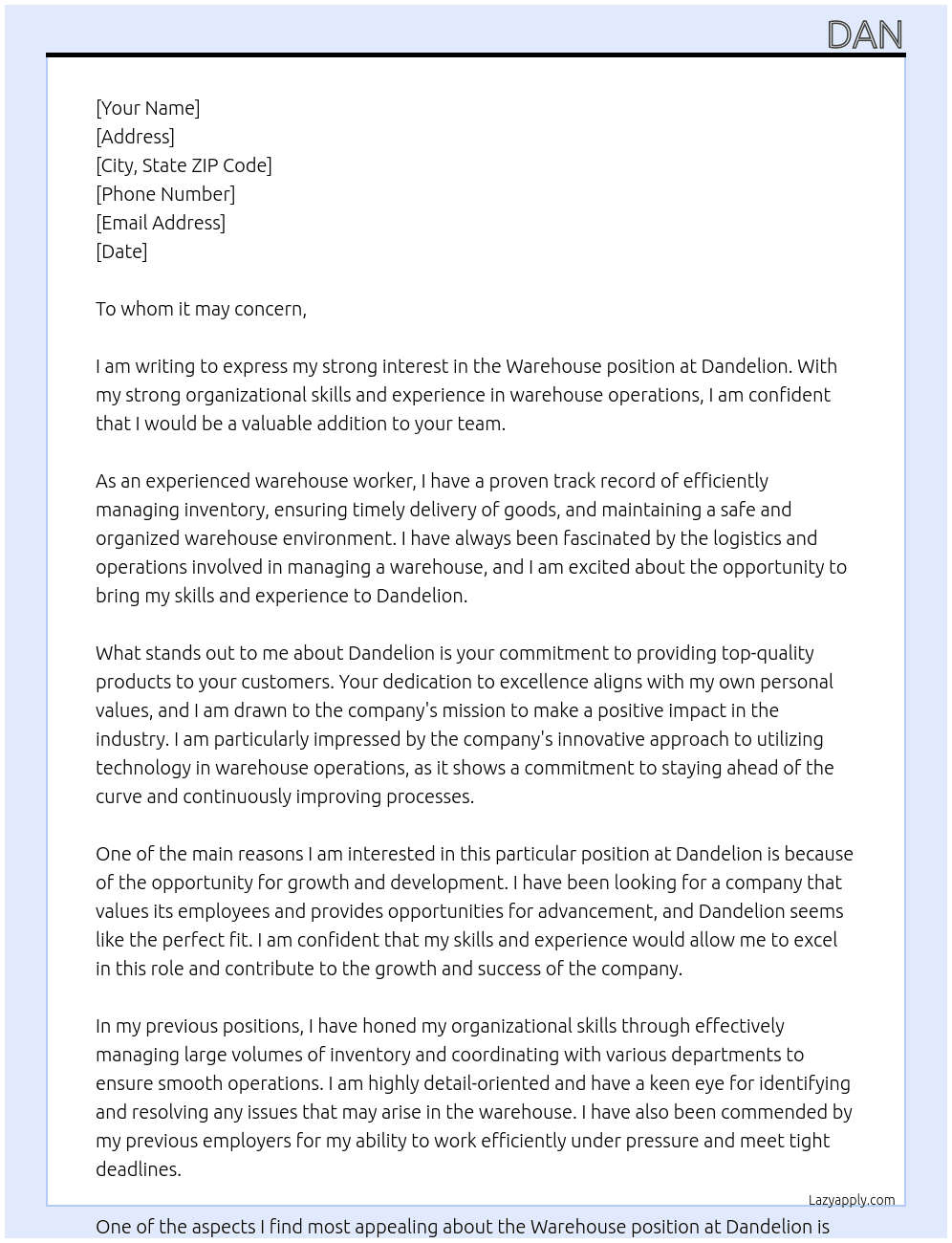 Warehouse  At Dandelion Cover Letter