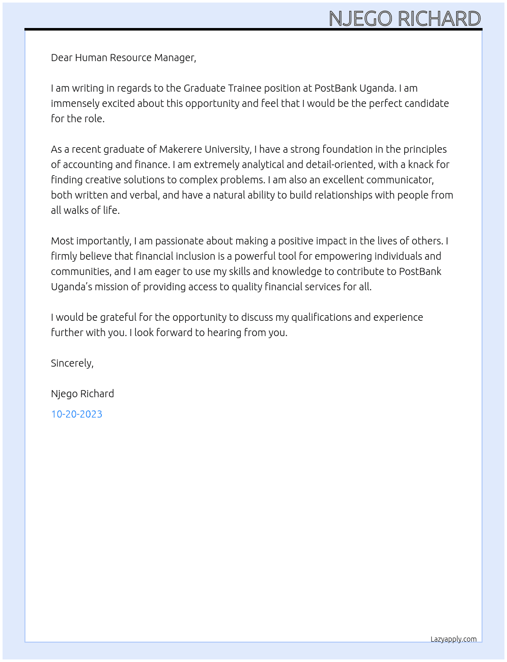 Graduate Trainee At PostBank Uganda Cover Letter