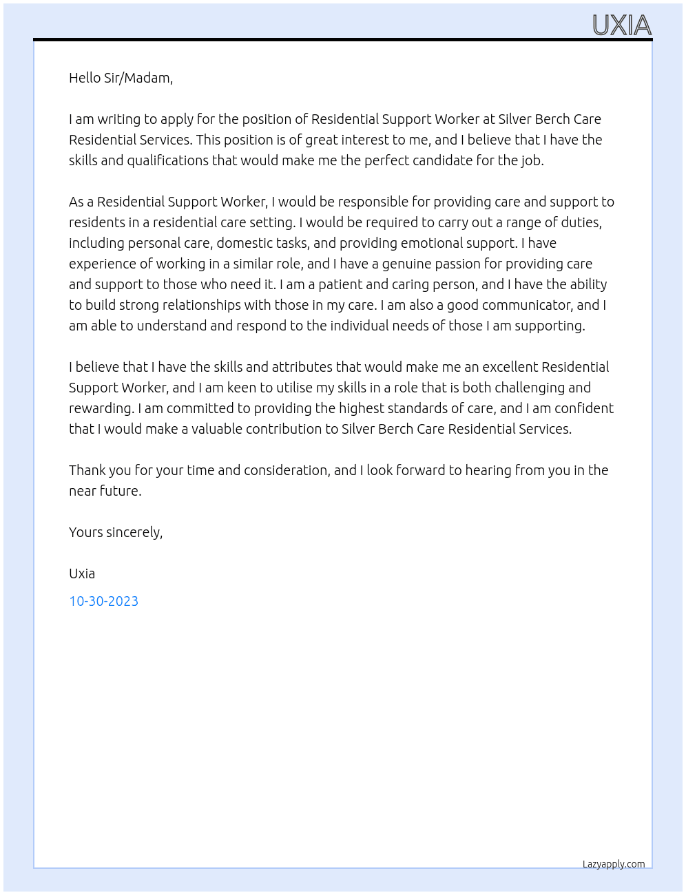Residential support worker At Silver Berch Care Residential Services Cover Letter