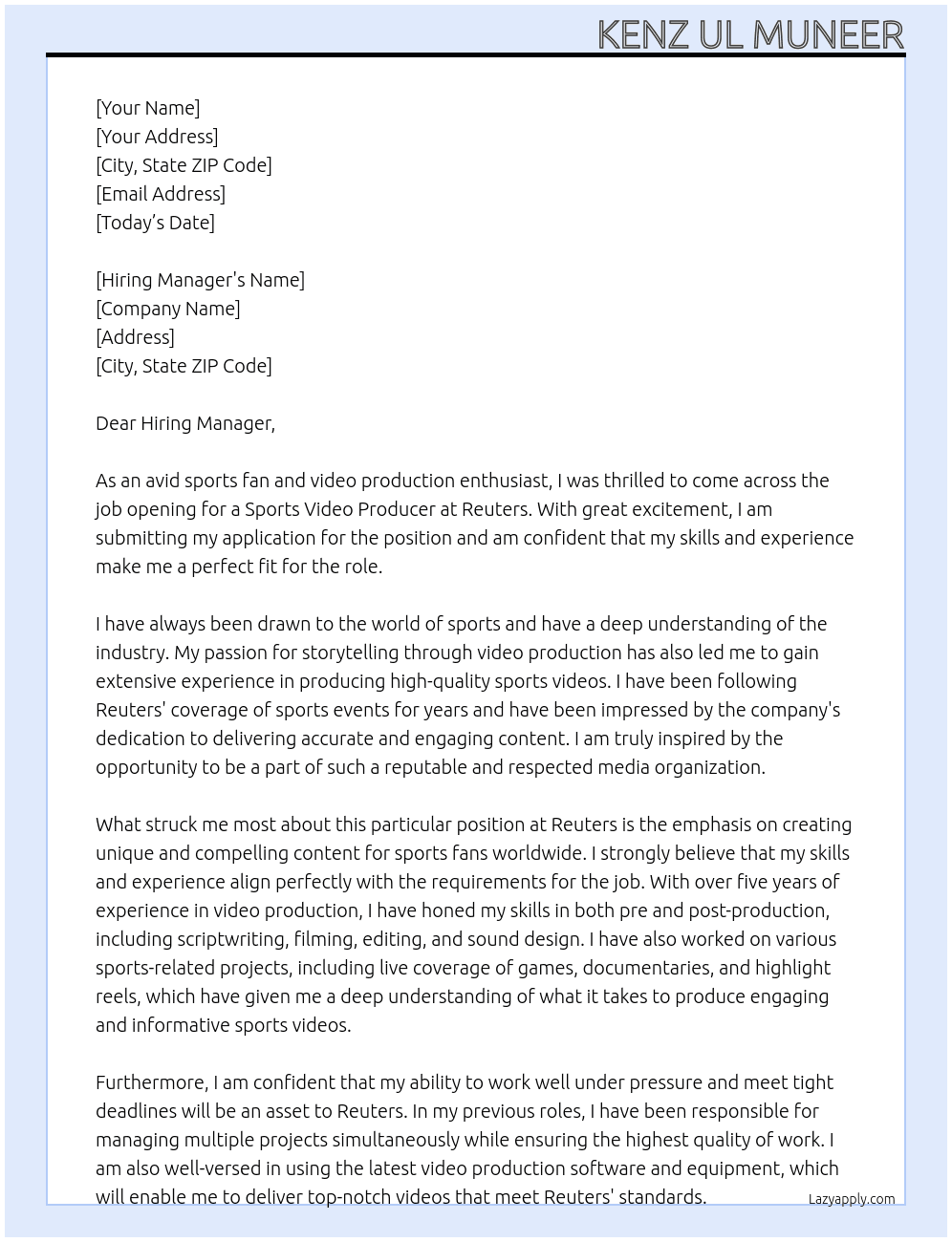 Sports video producer At Reuters Cover Letter