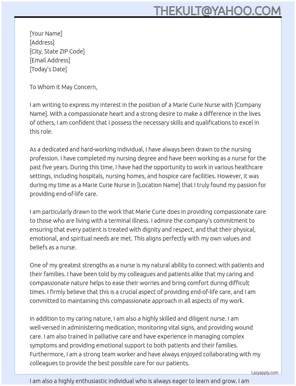 Marie Curie Nurse At Marie Curie  Cover Letter