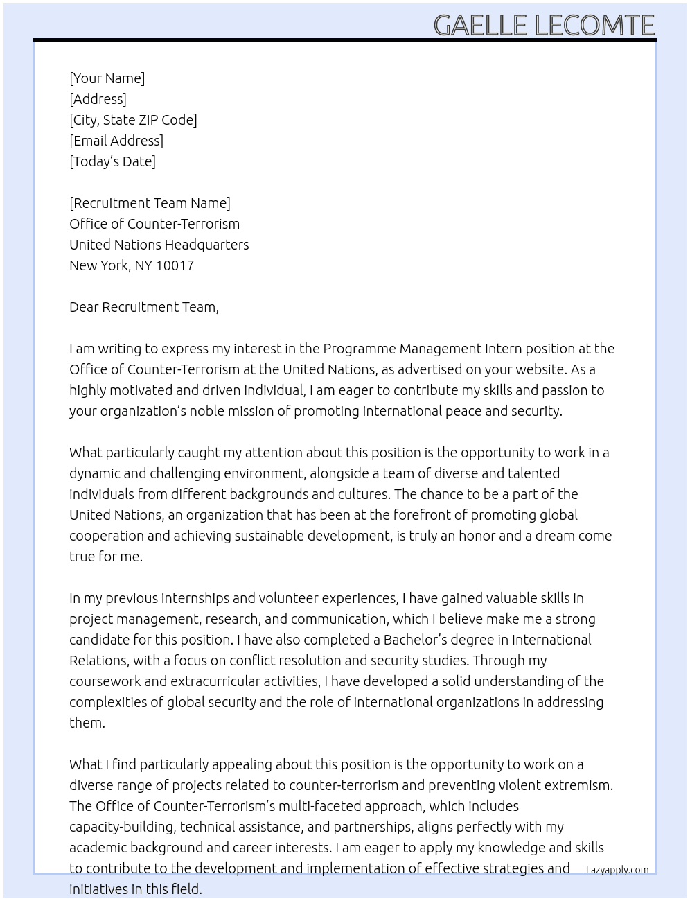 Programme Management Intern At Office of Counter-Terrorism at the United nations Cover Letter