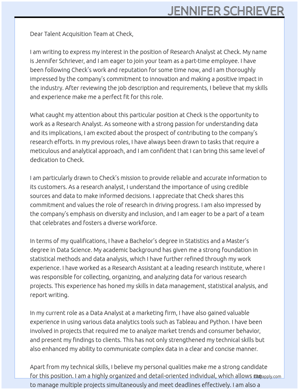 Research Analyst At Check Cover Letter