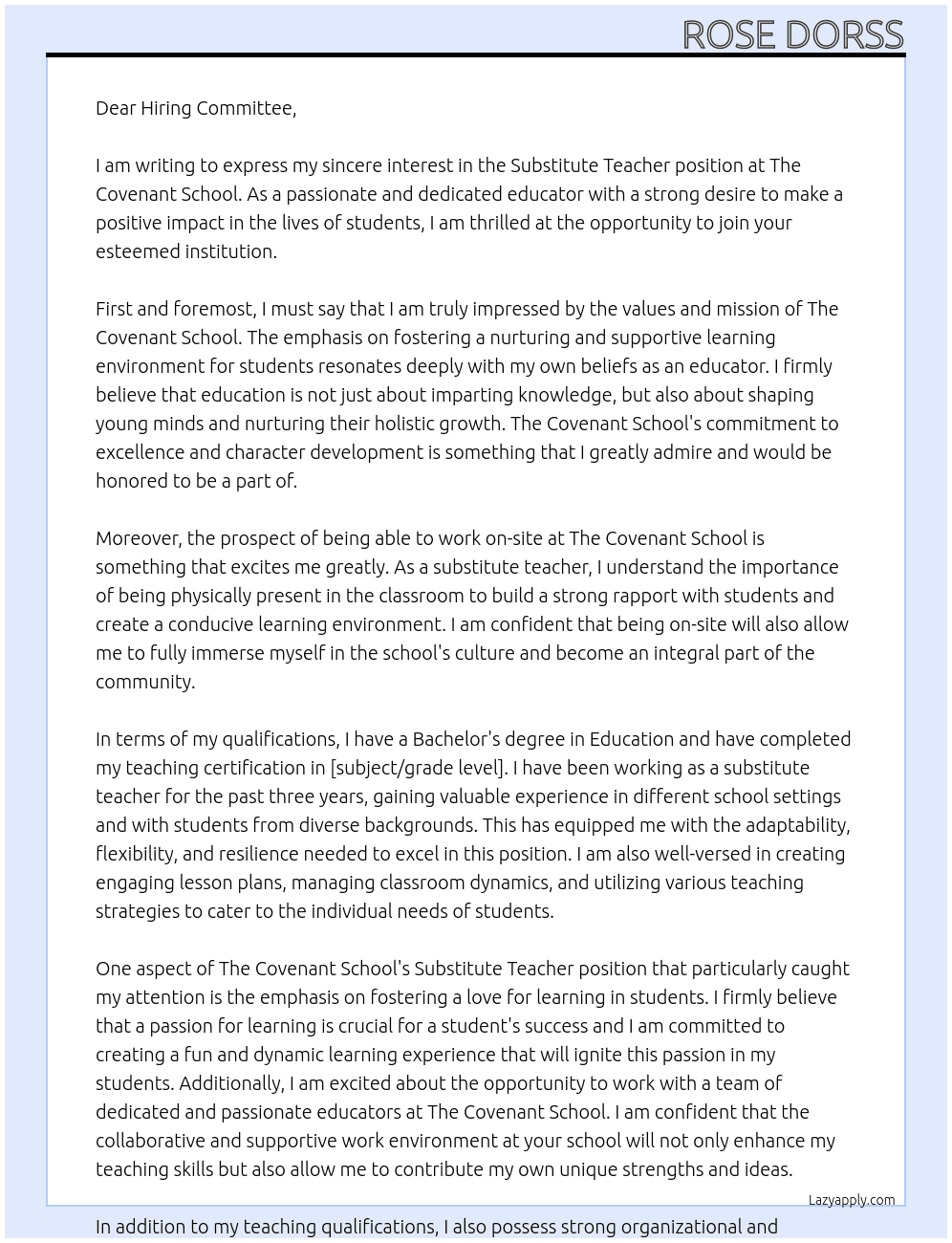Substitute Teacher At The Covenant School Cover Letter