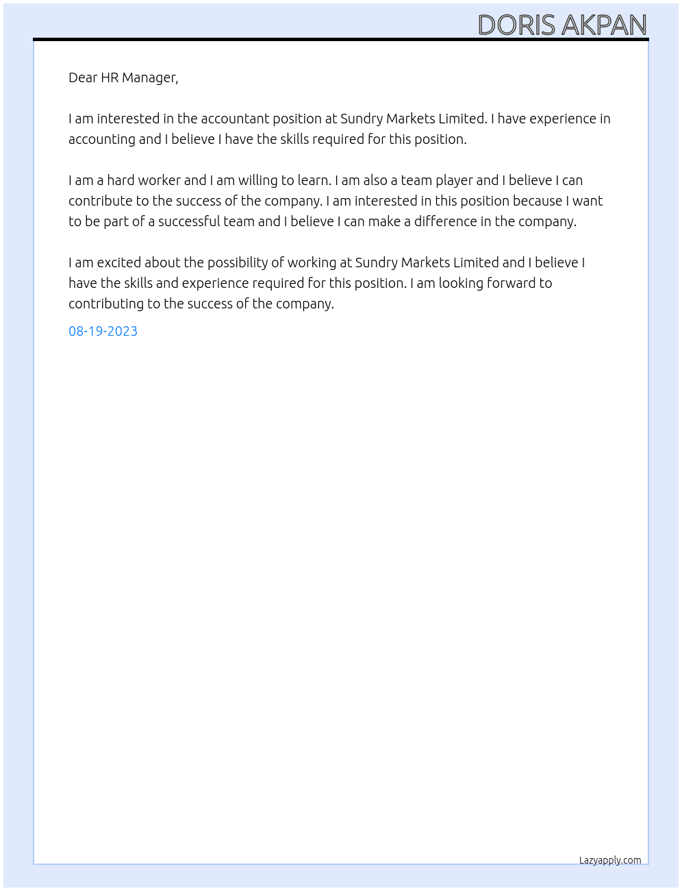 Accountant At Sundry Markets Limited  Cover Letter