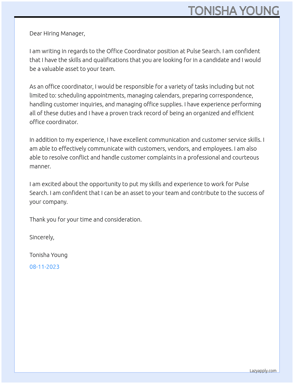 Office Coordinator At pulse search Cover Letter