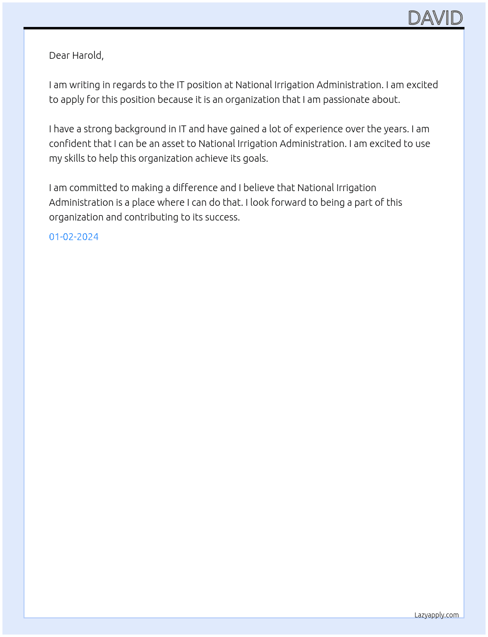 IT  At National Irrigation Administration Cover Letter