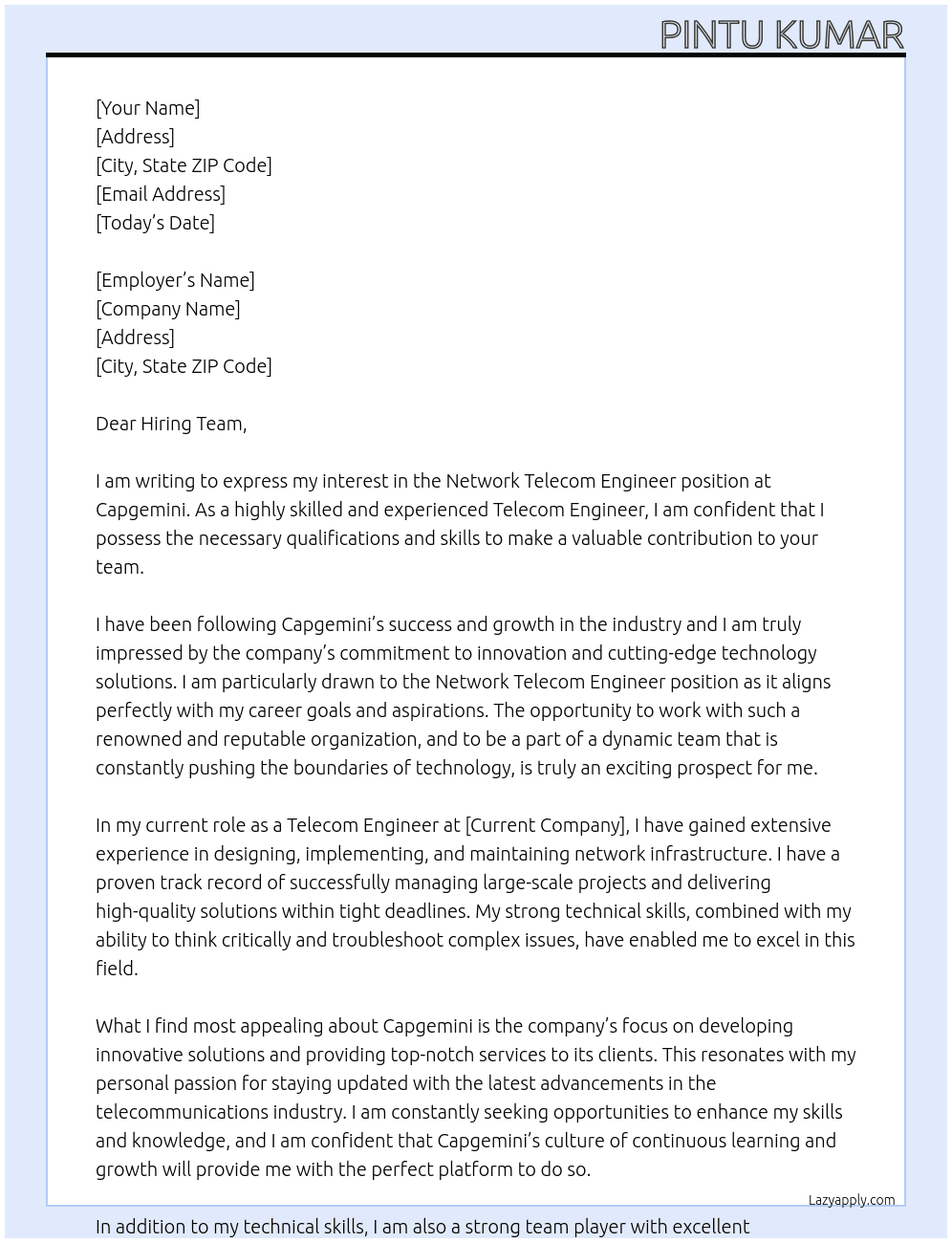 Cover letter for network telecom engineer - LazyApply