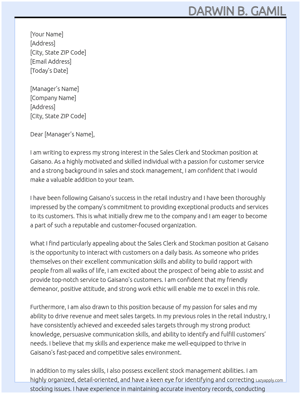 Sales Clerk and Stockman At gaisano Cover Letter