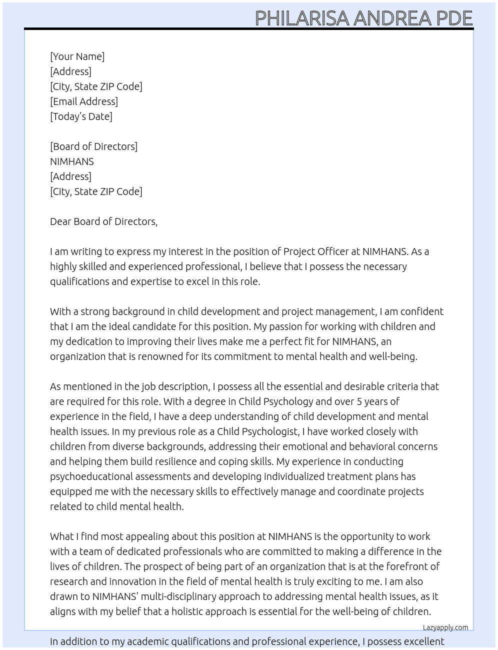 Project officer At NIMHANS Cover Letter