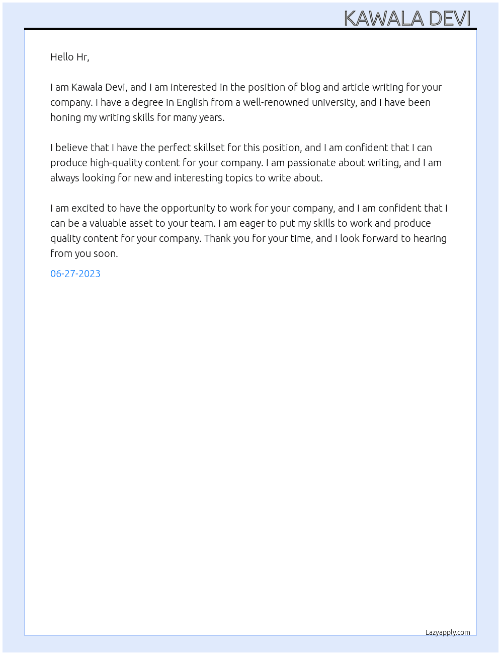 Blog and article writing  At Content writing  Cover Letter
