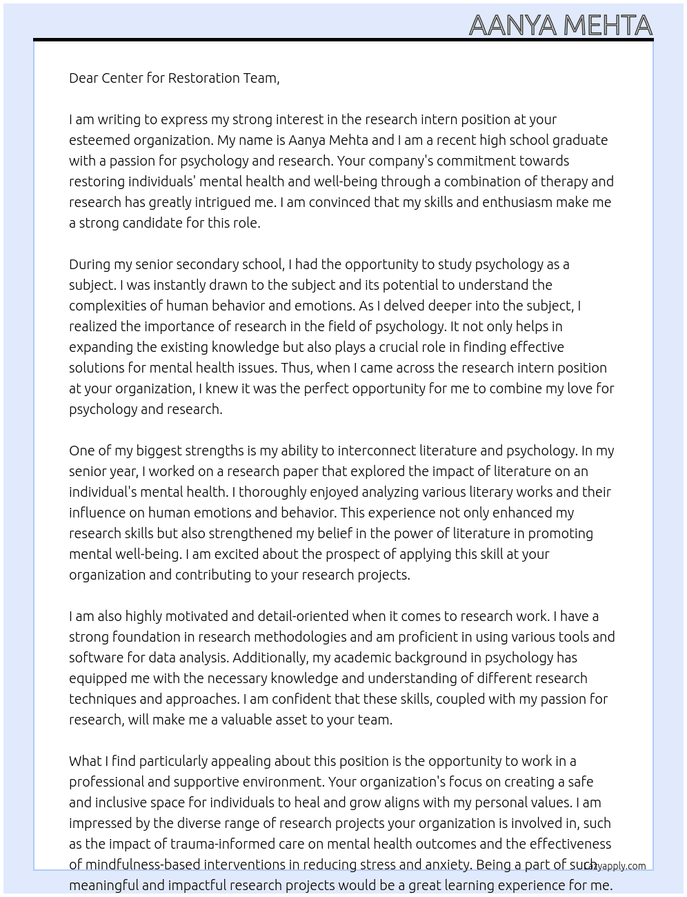research intern At Center for Restoration Cover Letter