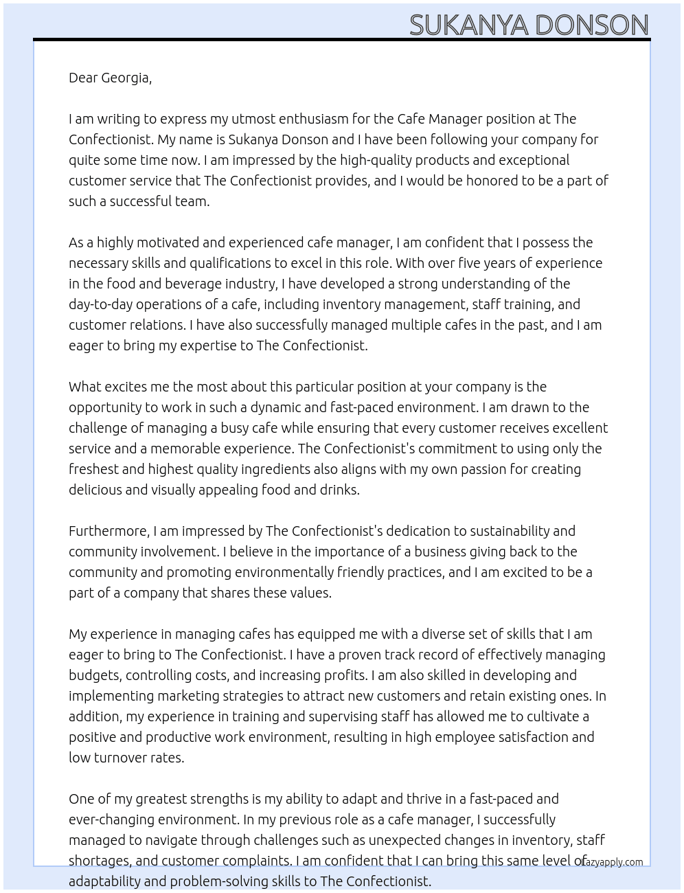 cafe manager At The Confectionist Cover Letter