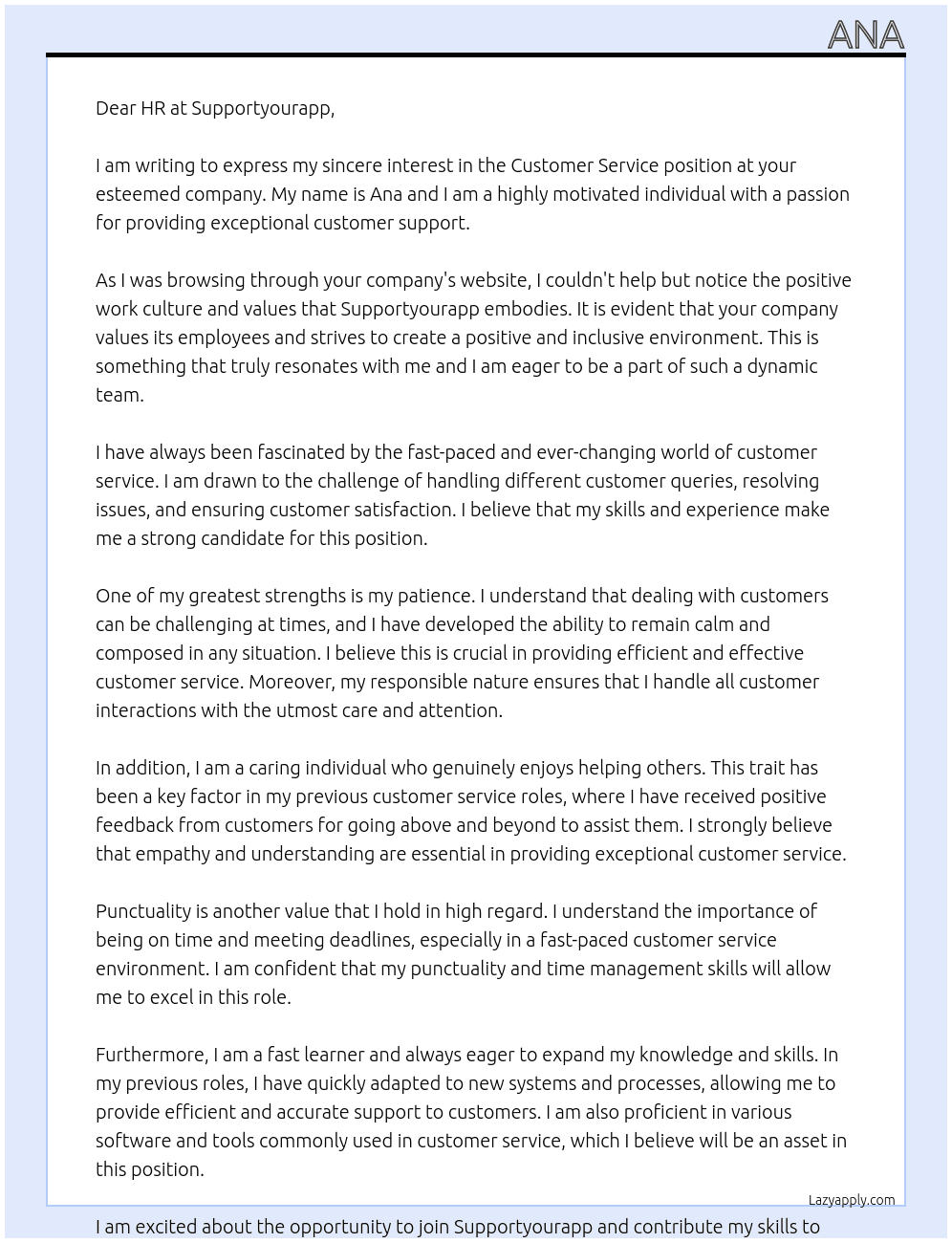Customer service At Supportyourapp Cover Letter