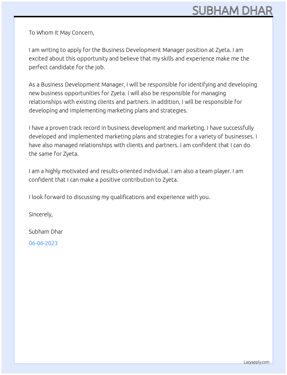 Business Development Manager At Zyeta Cover Letter