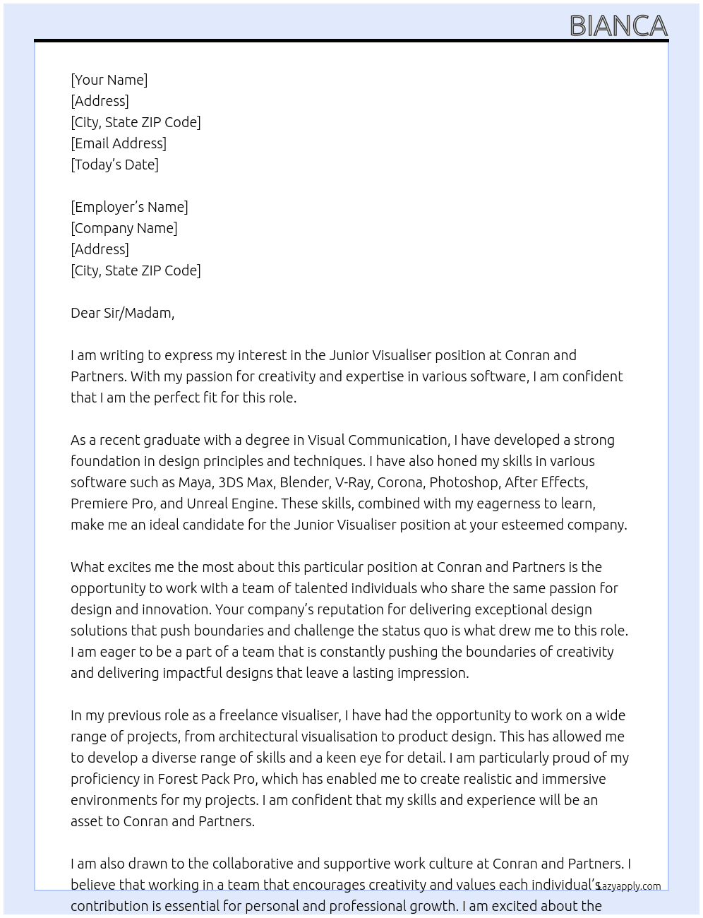 Junior visualiser At Conran and Partners Cover Letter