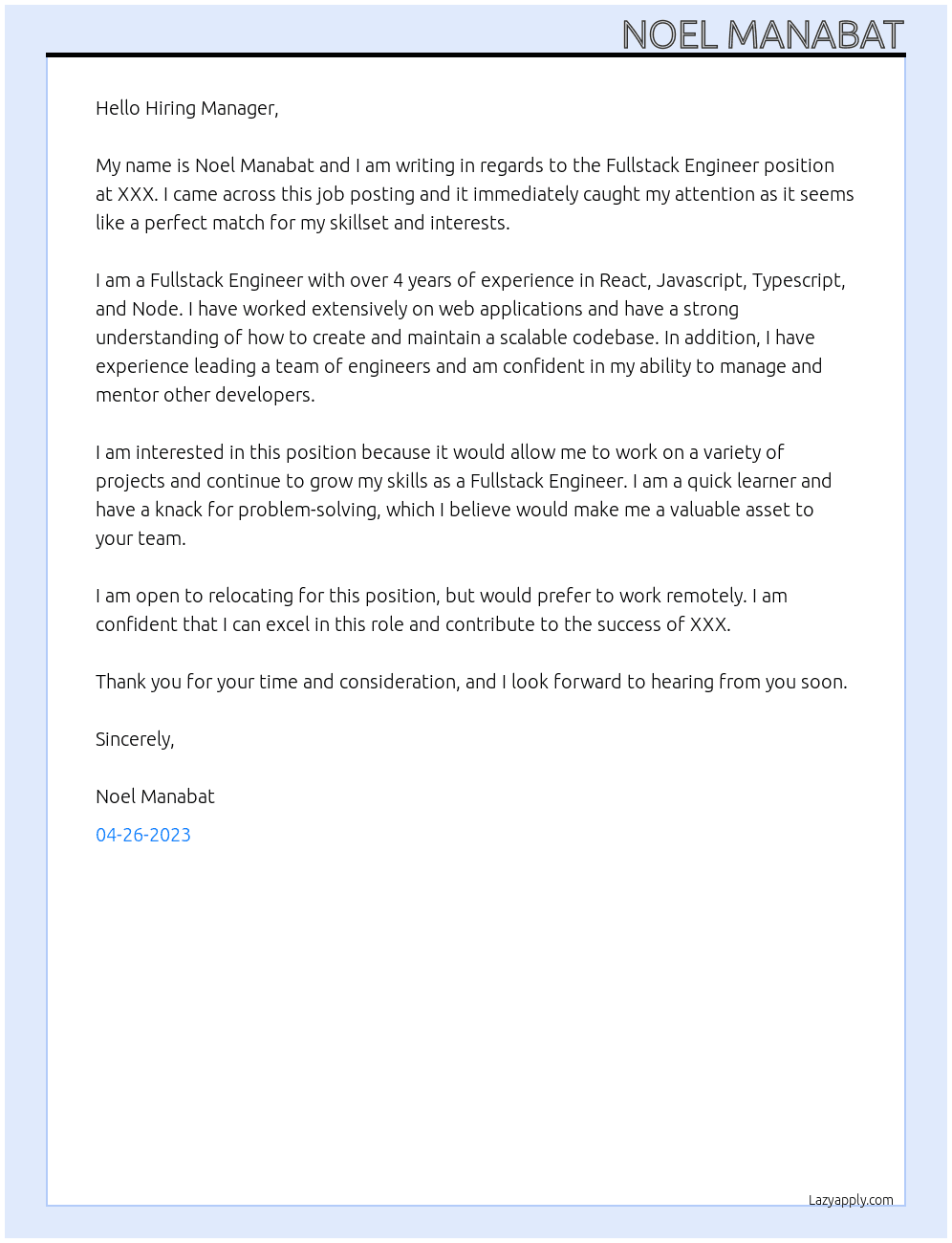 Fullstack Engineer At XXX Cover Letter