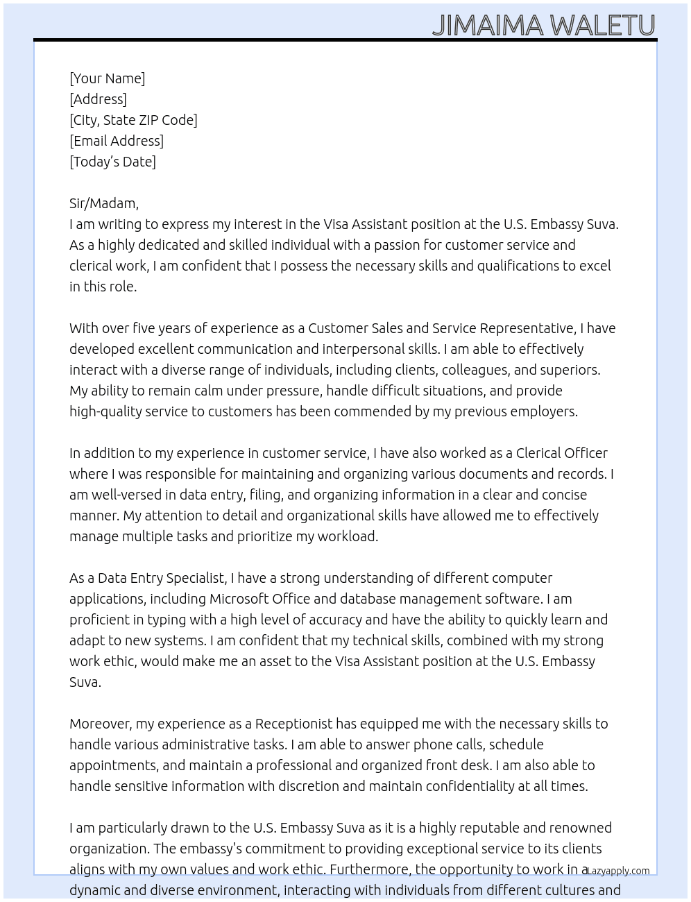 Visa Assistant At U.S. Embassy Suva Cover Letter