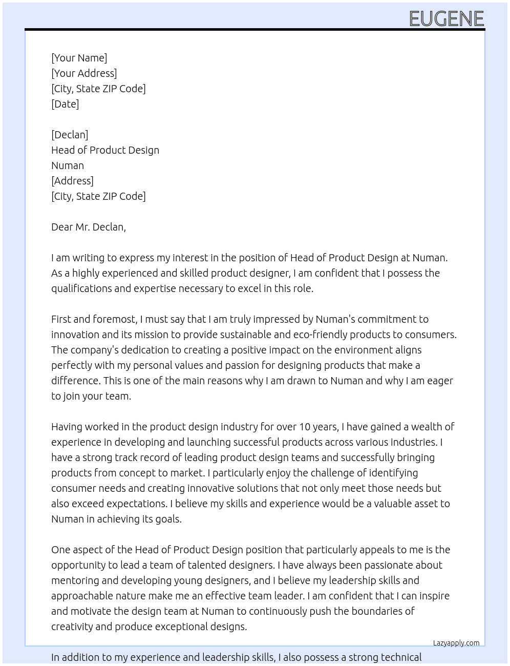 Head of Product Design At numan Cover Letter
