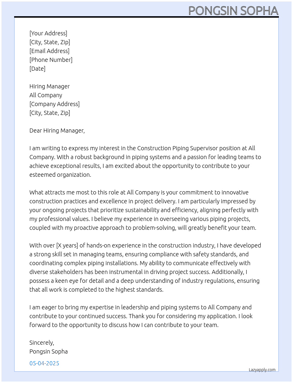 Cover letter for construction piping supervisor - LazyApply