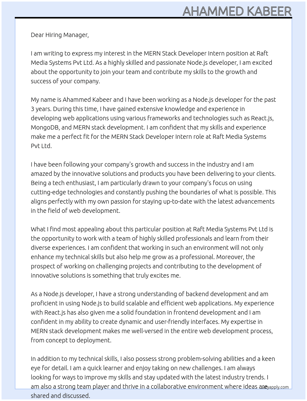  MERN Stack Developer Intern At Raft Media Systems Pvt Ltd Cover Letter