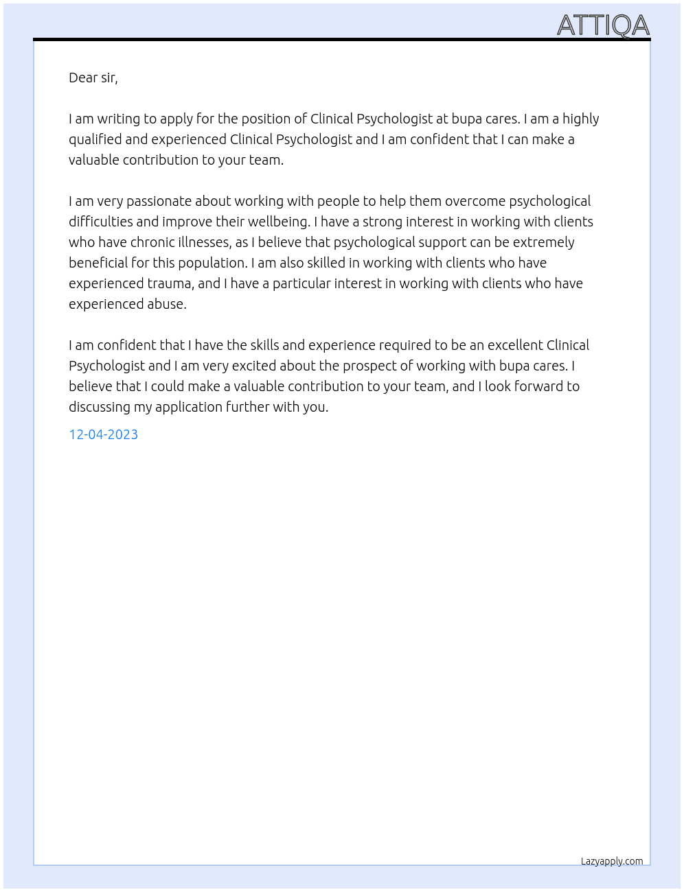 Clinical Psychologist At bupa cares Cover Letter